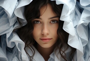 A fierce and stylish woman gazes confidently at the camera, her ruffled shirt adding a touch of playful charm to her intense brown-eyed portrait - obrazy, fototapety, plakaty