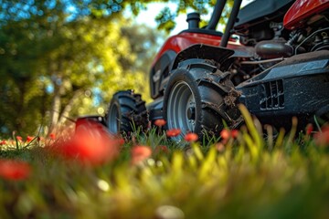 Obraz premium A lawn mower parked on the grass, ideal for landscaping and gardening projects