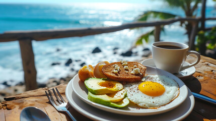 Fototapeta na wymiar Breakfast avocado eggs and coffee by the sea. Selective focus. Generative AI,