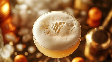 Close-up of fluffy white gin sour cocktail in a cocktail glass viewed from above on a brass bar top. Generative AI.