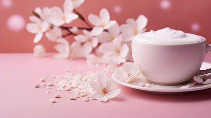 Fototapeta na wymiar Captivating Pink Cappuccino: Trendy Coffee Concept with Stylish Aesthetic, White Flower Petals, and Copy Space for Text on an Isolated Background - Perfect for Your Morning Ritual