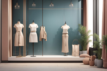 Display window of fashion or clothing boutique shop with blank clean signboard mockup for offers or sale season design.