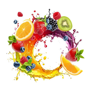 Different fruits and berries with splashes of juice in a swirling shape