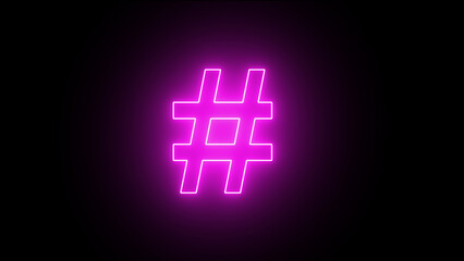 Neon glowing hashtag symbol icon sign isolated on black background. 3d render of hashtag icon. glowing hashtag sign.