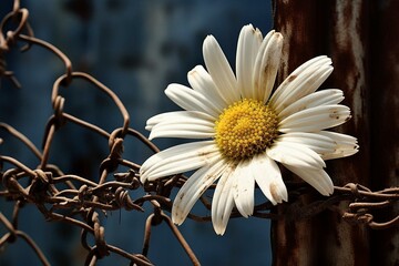 Symbolic daisy portrays war, captivity, peace, and hope, juxtaposed with chamomile behind iron wire. Ample space. Generative AI