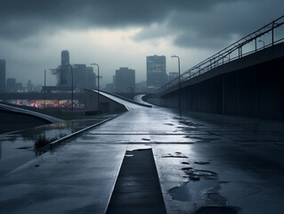 rain on a concrete platform, gloom, rain, city, platform, created with Generative AI technology