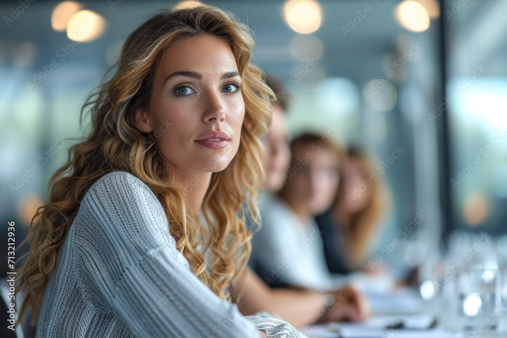 Aufkleber a roundtable discussion led by an experienced businesswoman, her focus on dissecting terms and condi