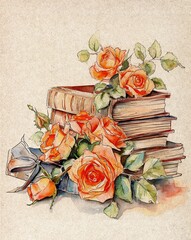 Watercolor Books and Roses Canvas