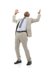 Business, employee or black man with celebration, excited or worker isolated on white studio background. African person, model or entrepreneur with achievement, success or winner with victory or deal