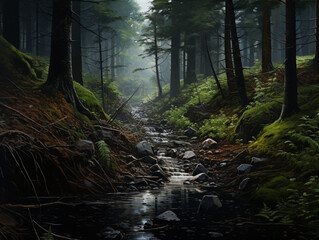 Obraz premium rain in the forest, gloom, rain, forest, created with Generative AI technology