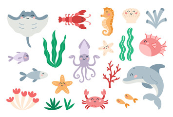 Fototapeta na wymiar Set of cute marine animals in flat cartoon style. Sea life, ocean design elements for printing, poster, card.