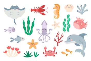 Fototapete Meeresleben Set of cute marine animals in flat cartoon style. Sea life, ocean design elements for printing, poster, card.