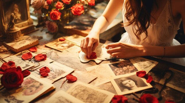 Explore the Creativity of a Woman Crafting Memories in a Personalized Scrapbook for Valentine's Day, Adorning Pages with Dry Flowers and Artistic Paper Elements for a Unique Memory Journal.
