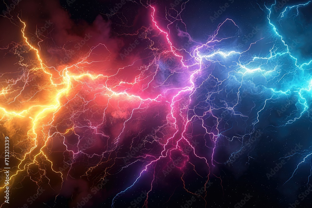 Poster Lightning bolts and colorful lightning bolts in the style of quantum wave. Generative AI.