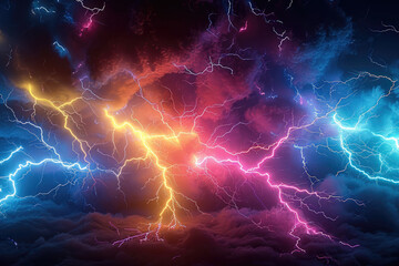 Lightning bolts and colorful lightning bolts in the style of quantum wave. Generative AI. - obrazy, fototapety, plakaty