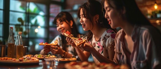 Happy Asian Three young female friends eating pizza party at home - obrazy, fototapety, plakaty