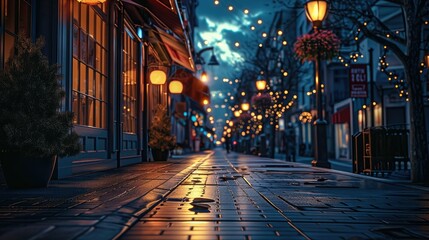 A sidewalk at night, Street lights, Buildings. Generative AI.