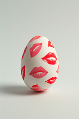 White easter egg with red lipstick kiss print on white background.Minimal concept.