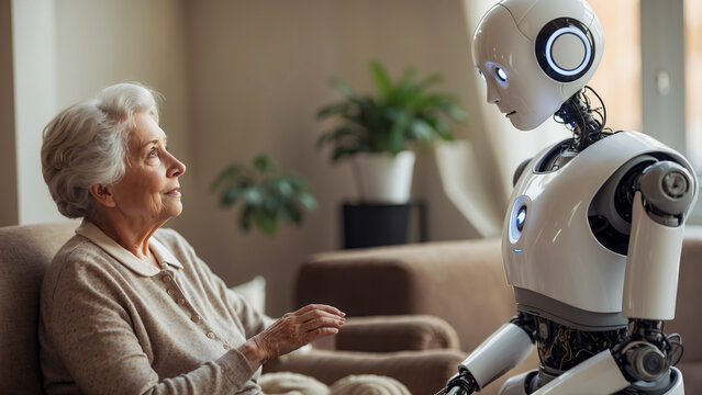 Ai Robot Companion: Caregiver Connects with Elderly Woman in a Caring Environment