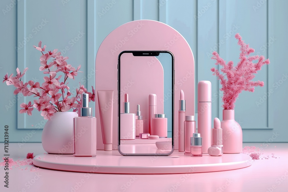 Poster a smartphone with cosmetic shop on the screen with copy space, minimalist. generative ai.