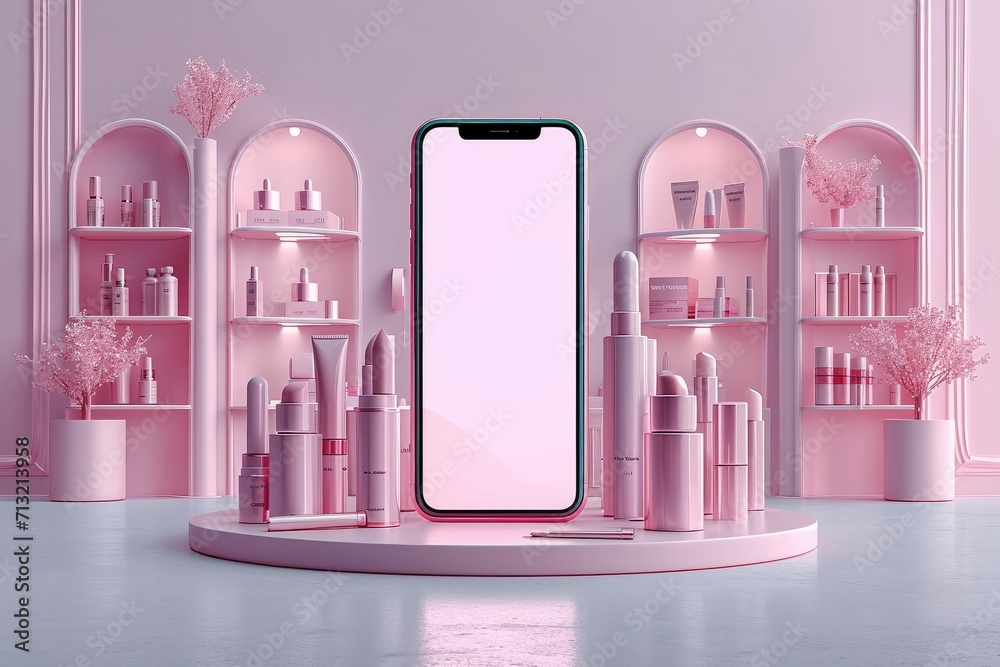 Poster a smartphone with cosmetic shop on the screen with copy space, minimalist. generative ai.