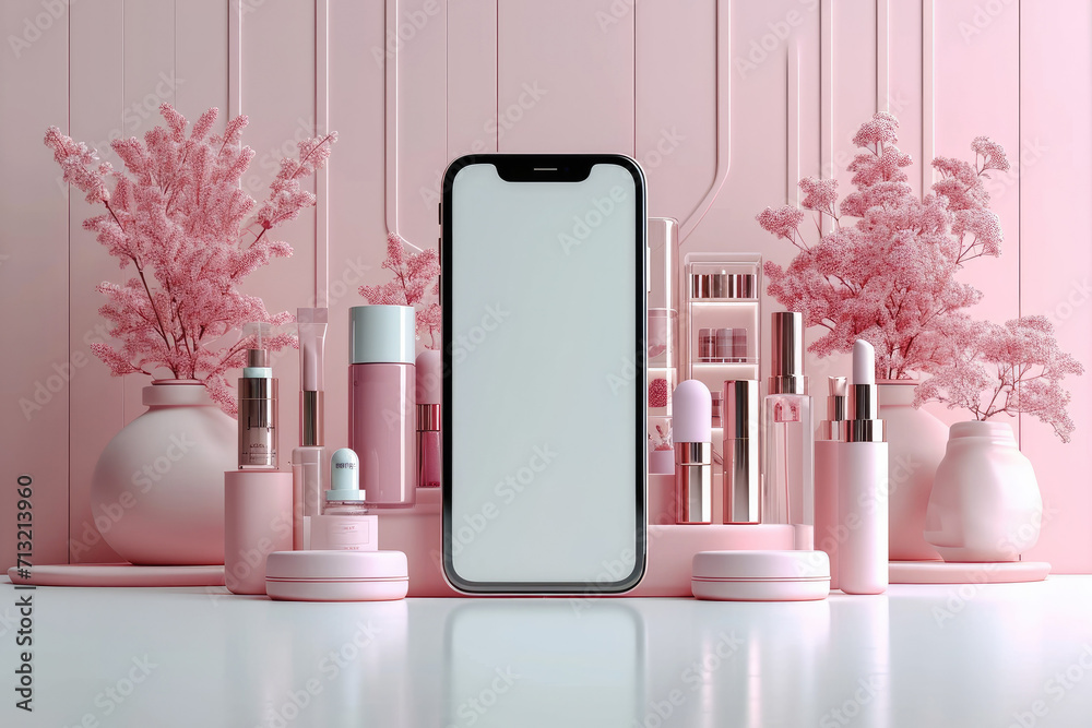 Aufkleber a smartphone with cosmetic shop on the screen with copy space, minimalist. generative ai.