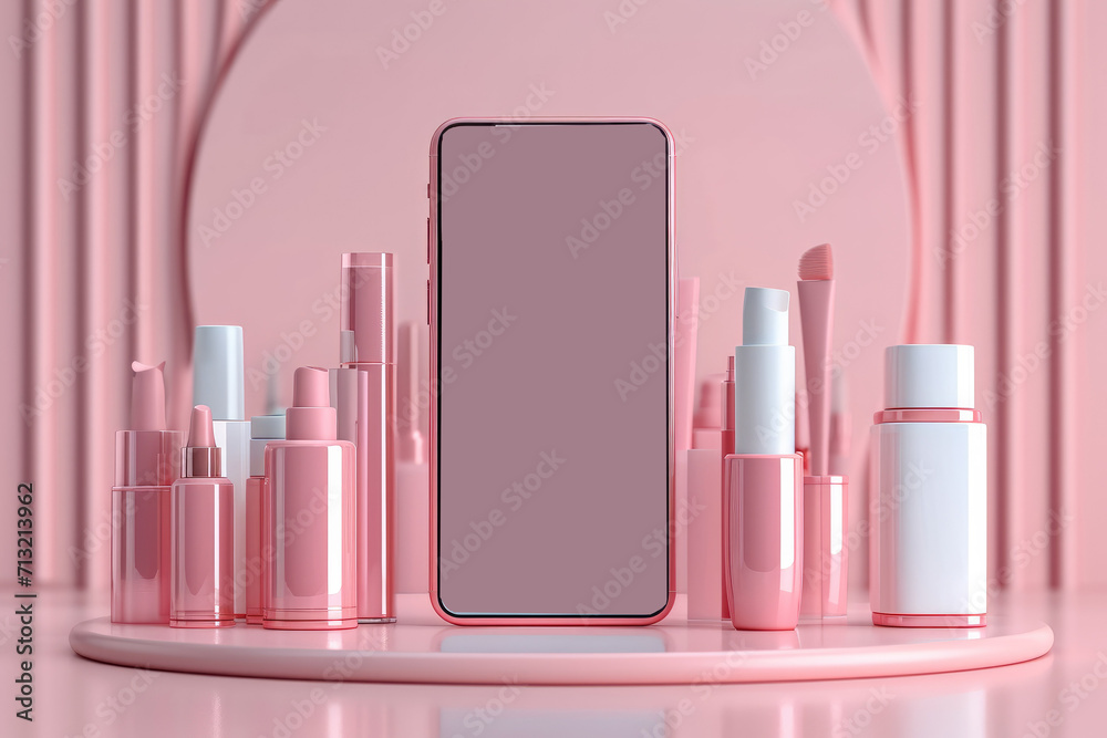 Poster a smartphone with cosmetic shop on the screen with copy space, minimalist. generative ai.