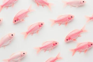 Seamless pattern of pastel pink fishes on a white background.Minimal concept.