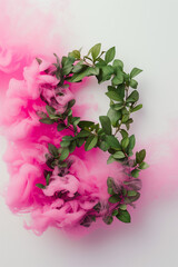 Number eight made of green leaves with pink smoke on white background.Bold colors.