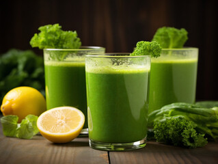 A vibrant green juice with detoxifying ingredients, styled in a raw and natural manner.