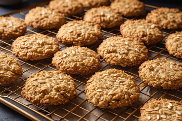Freshly baked Anzac biscuits cooling on the rack, a golden blend of oats and coconut. - obrazy, fototapety, plakaty