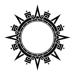 Aztec solar disk, sun symbol and diadem, representing Aztec sun deity Tonatiuh. Main arrows or sun rays pointing in the cardinal directions, with further subdivisions for inter-cardinal directions.