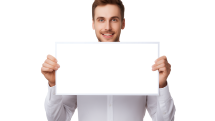 Man holding frame with transparent background. Happy young man with blank frame cut out