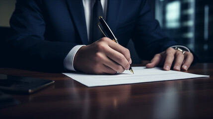 Businessman signing contract. Businessman writing on a paper document