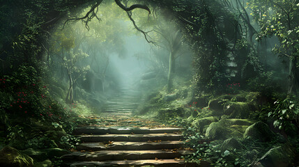 Mystical Stone Steps Leading through an Enchanted Forest