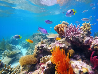 Vibrant and diverse coral reef ecosystem bursting with life and color, in a raw artistic style.