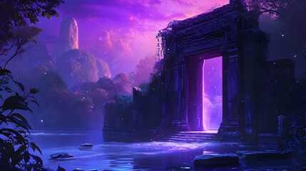 Ancient Ruins with Mystical Purple Portal by the Lake