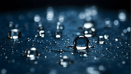 Water droplets on dark blue background - obrazy, fototapety, plakaty