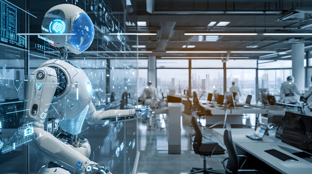 Advanced Robotic Automation in a Futuristic Corporate Office Environment