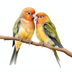 Illustration of two lovebirds on a branch isolated on white background, hyperrealism, png
