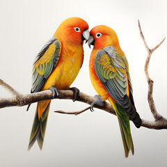Illustration of two lovebirds on a branch isolated on white background, hyperrealism, png
