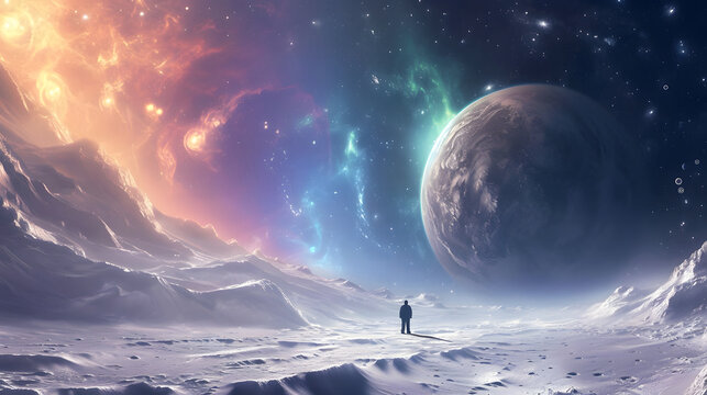 Lone Observer on a Snowy Terrain Watching a Celestial Phenomenon