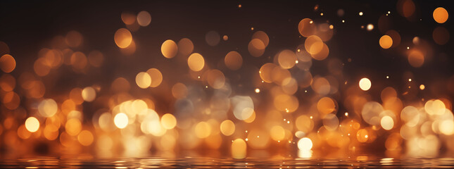 An enchanting bokeh background with golden orbs of light floating over a reflective water surface, exuding warmth and elegance.