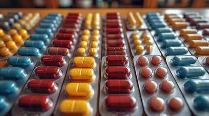 Obraz premium On a table there are various packages of medicine and many pills, Top view. Generative AI.