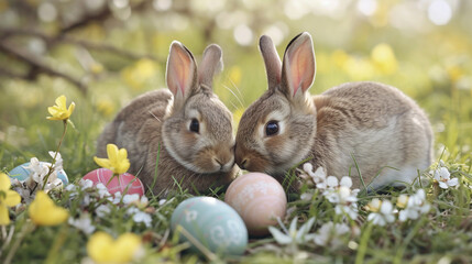 Fototapeta na wymiar Bunny with Easter eggs, Easter card. selective focus. Generative AI,