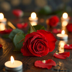 Rose with a red bloom and candles on Valentine's day, ai technology