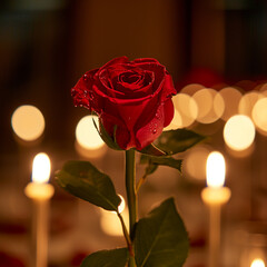 Rose with a red bloom and candles on Valentine's day, ai technology