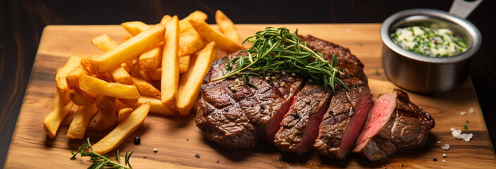 grilled beef steak with french fries, top view - obrazy, fototapety, plakaty