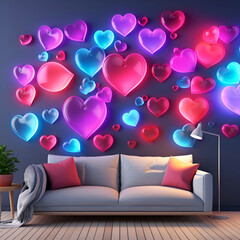 Valentine's day interior with pink sofa and decorative hearts. 3D rendering