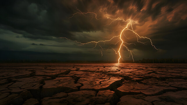Dramatic Lightning Strike over Barren Cracked Land